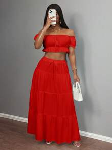 Slaydiva Women White 1-Shoulder Ruffle Trim Top & Tie-Waist Ruffle Hem Maxi Skirt Vacation Outfit, Sweet & Cute For Date & Beach Island Vacation Outfits