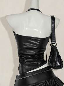 SHEIN ICON Y2K 风格黑色 PU 皮革细肩带褶皱不对称下摆吊带背心女式春夏 - 黑色 - 查看 2
