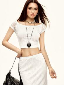 Rina Fox Women's Lace Raglan Sleeve Cropped Top And Bodycon Skirt 2pcs Set - White - View 5