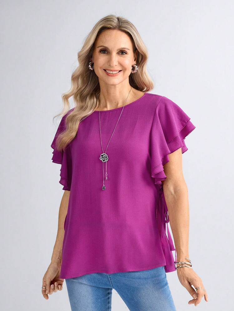 Women's Daily Wear Double-Layer Ruffled Sleeve Tie Side Blouse, Spring/Summer