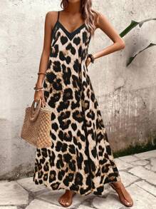 SHEIN Tall Women's Leopard Print A-Line Dress, Suitable For Vacation, Daily Commute - Multicolor - View 8