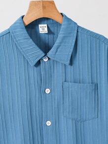 SHEIN Tween Boy Casual Solid Color Turndown Collar Short Sleeve Shirt - Blue - View 6