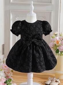 圆领短袖提花蝴蝶结收腰女童连衣裙。新款礼服上市，舒适时尚优雅甜美可爱清新。 - 黑色 - 查看 7