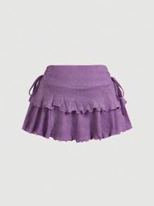 SHEIN MOD Falda mini morada con purpurina, de cintura baja, con cordones laterales y múltiples volantes