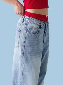 COUREZ Super Oversize Wide Leg Light Wash Turn Up Hem Detail Jeans Y2K Vintage Cotton - Navy Blue - View 5