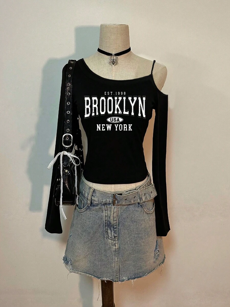 Attitoon Casual Vintage English "Brooklyn" New York Graphic Loose Fit Black Long Sleeve T-Shirt For Women, Suitable For Summer - Black - View 1