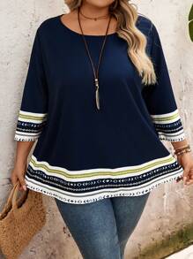 SHEIN CURVE+ Camisa de mujer de talla grande, holgada, de cuello redondo y manga 3/4 con estampado retro, adecuada para primavera/verano, curvas, vacaciones en la playa, vestidos de playa, conjuntos de vacaciones en la playa, accesorios de playa, graduación, vestido para té