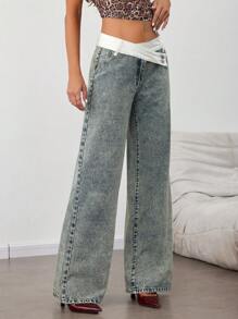 SHEIN Tall Women's Low Rise Wide Leg Blue Jeans,Baggy Denim Pants,Blue And White Stripe,Summer,Street Wear Y2k,City Break,Casual Palazzo Flowy Straight Fit Tall - Medium Wash - View 5