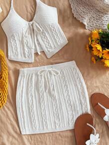 SHEIN WYWH Conjunto de cárdigan de punto beige para mujer con cuello anudado y cinturón en la cintura, top ajustado y falda mini en forma de A, adecuado para vacaciones, fiestas, San Valentín, combinación de capas, citas
