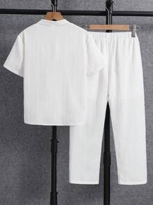 SHEIN Bộ 2 quần áo sơ mi trắng và quần dài vải họa tiết sóng đa năng cho bé trai tuổi mới lớn, thích hợp mặc đi làm, đi học, mặc thường ngày, hoạt động thể thao, mùa xuân/hè - trắng - Xem 2