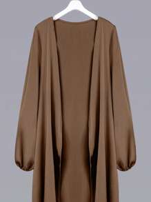 Al Najma 女士纯色灯笼袖阿拉伯风格外套，休闲长袍，适合日常休闲/家居服，朴素长袍 - 棕色 - 查看 3