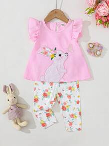 Baby Girl Pink Summer Cute Family Matching Bunny Embroidered Cap Sleeve Top & Floral Print Leggings Set,Suitable For Easter Outing,Party,Photography - Pink - View 3