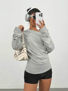 SHEIN PETITE 女士褶饰纯色不对称领口长袖休闲 T 恤