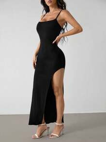 SHEIN PETITE Vestito da donna con pieghe laterali e spalline a spaghetti, di colore unito