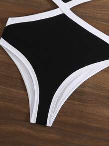 SHEIN Swim 女士性感紧身黑白休闲优雅 3D 花卉图案假日连体泳衣 - 黑與白 - 查看 6
