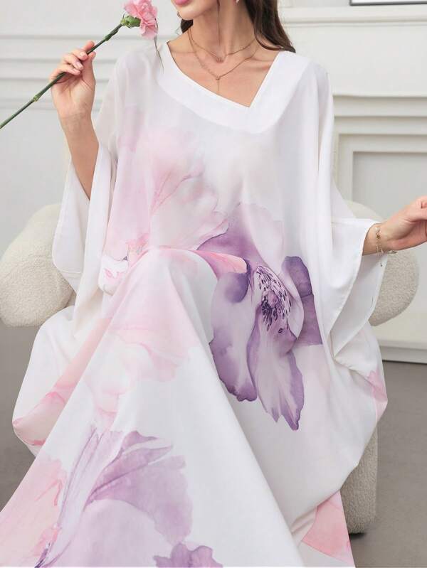 Al Najma Ink Painting Floral Print Turkish Maxi Dress & Arabic Traditional Abaya, Spring/Summer