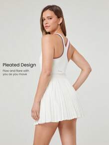 GLOWMODE Quick-Dry Tennis Built-In Cups Pleated Peekaboo Elasticized Waist Dress With Built-In Shorts Side Pockets Low Impact Running Training Workout Gym - White - View 3