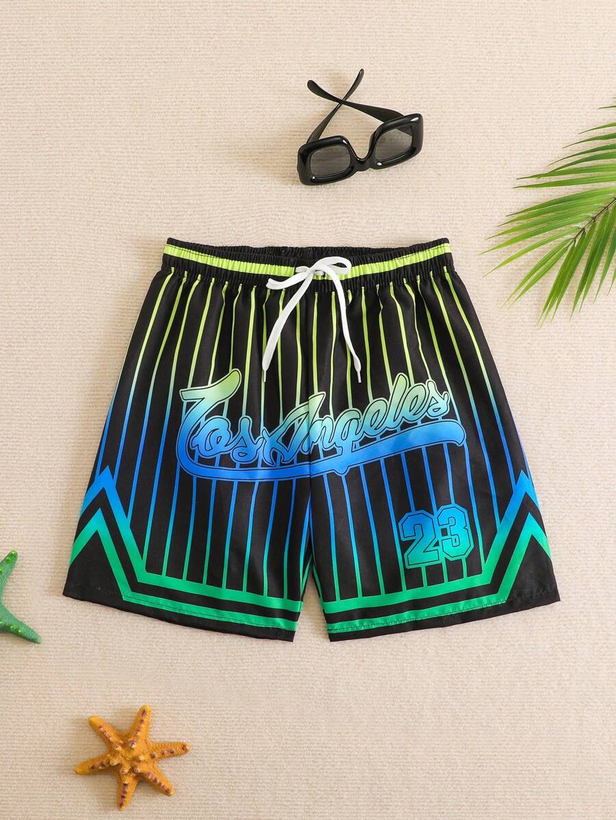 SHEIN Explorewe Tween Boy Letter Striped Drawstring Waist Beach Shorts, Graphic Print - Multicolor - View 1