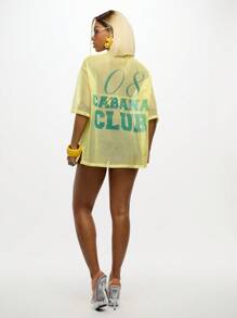 SUMWON WOMEN Mesh Beach Cover Up Jersey Style Retro Swim Cover Up Varsity Print Athletic Beachwear Loose Fit Summer Pool Coverup Breathable Net Fabric Sportswear - Yellow - View 4