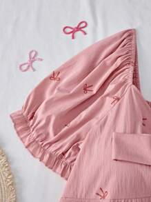 Flirla SunnyBelle 大码度假粉色圆领可爱浪漫日常休闲度假多功能灯笼袖蝴蝶结装饰胸前系带印花衬衫，复活节女毕业春夏外出上衣 - 粉色 - 查看 4