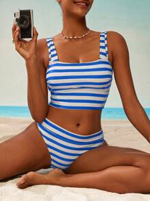 Swim Mod Women Striped Spaghetti Strap Bikini Top, Fashionable For Summer - Blue and White - View 6