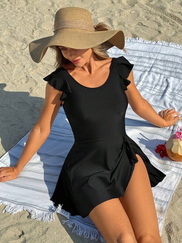 Swim Lushoire Damen Einfarbiger Badeanzug mit Ärmeln und Schlitz an der Seite für Urlaub