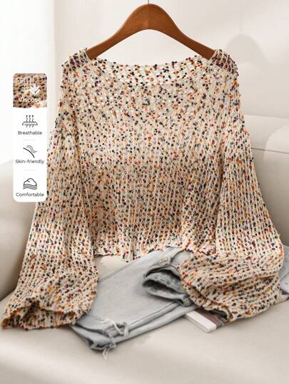 CosyJoli Suéter tipo jersey de manga larga con cuello redondo hueco y estampado de lunares de colores, talla grande, para invierno