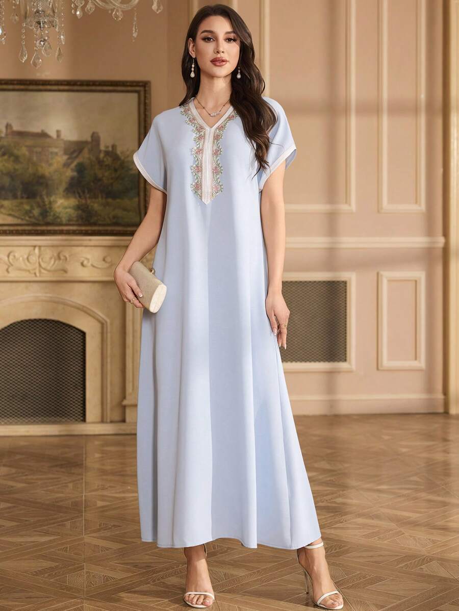 Al Najma 刺绣领花单肩袖立领优雅连衣裙，卡夫坦 - 藍色 - 查看 1