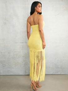 Silquee Island Girl Crochet Maxi Dress Cover Up Apricot Linen Strapless Strapless Spring And Summer Vacation Beach Extra Long Tassel Mini Crochet Dress - Yellow - View 2