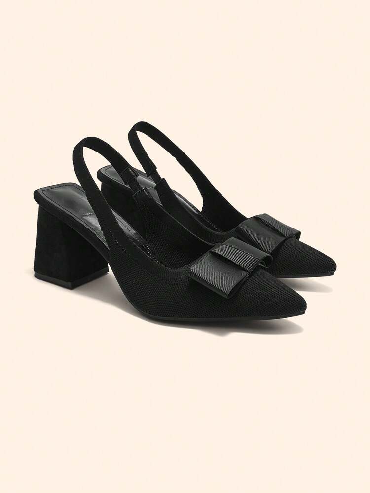 CUCCOO BASICS Women's Fashion Black Fabric Bow Pointy Toe Block Heel Pumps For Christmas Spring Shoes