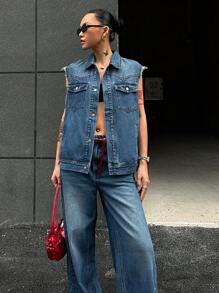 DAZY Women's Sleeveless Denim Jacket & Jeans Matching Set, Spring/Summer - Blue - View 5