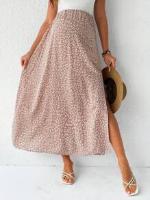 SHEIN Maternity Adjustable Waist Side Slit Hem Ditsy Floral Skirt, For Vacation Boho - Dusty Pink - View 5