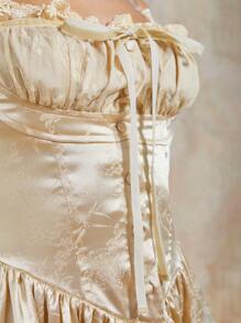 COSMINA Women's Ballet Bow Contrast Lace Ruffle Hem Short Summer Vintage Flowy Dress - Khaki - View 7