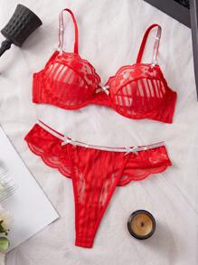 SHEIN 2pcs Striped Lace Trim Lingerie Set - Red - View 4