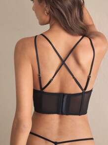 Whimsical Bachelorette Grown Women Floral Lace & Eyelash Crossed Back Sexy French Romantic Lingerie Bra - Black - View 4