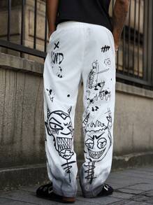 PAVTROS 男士休闲涂鸦印花裤 - 白色 - 查看 2