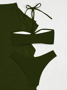 Slaydiva 3pcs/Set New Spring & Summer Green Halter Tie Back Top, Triangle Bikini Bottoms, And Ruffle Hem Mesh Beach Pants Sexy Casual Vacation Party Holiday Swimwear & Beach Outfit For Women