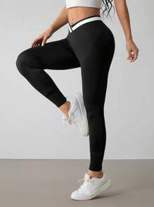 SHEIN PETITE Leggings casual da donna con vita asimmetrica e contrasto di colori, versatili