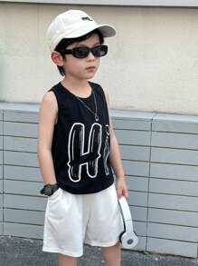 SHEIN Young Boys Casual Fitting Printed Sleeveless Knit Tank Top, Versatile For Commute, School, Daily Leisure, Travel, Sports, Suitable For Spring & Summer