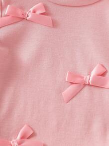 Baby Girls' Casual Cute White Round Neck Knitted Short Sleeve Tops With Bow Decor, Korean Style, Summer - Pink - View 4