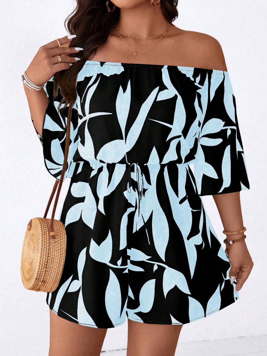 SHEIN LUNE Plus Size Women Casual Off Shoulder Jumpsuit With Printed Pattern