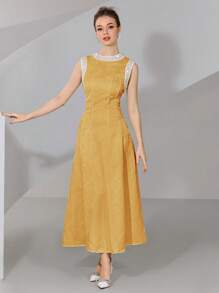 Modelyn 女士优雅撞色蕾丝腰收腰长裙，夏季