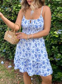 SHEIN VCAY 女士春假加大花卉印花系带荷叶边下摆吊带连衣裙、母亲节礼物、复活节服装、女士度假服装、女士演唱会服装、女士毕业礼服