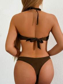 Swim Vcay 2 pezzi Bikini senza spalline con tracolla staccabile color marrone madreperlato, decorato con nappine, conchiglie e stelle marine, costume da bagno semplice e elegante per vacanze al mare per donne