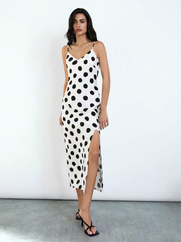 SHEIN Maija 2015 Summer New Elegant Business Casual Graduation Brunch Wedding Guest Daily Versatile White Retro Polka Dot Adjustable Strap V-Neck Side High Slit Mid-Length Dress, For Work, Easter, Music Festivals