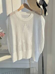 Comfortcana Plus Size White Knitted Sweater Vest: Semi-Sheer Short Sleeve Casual Top With Star Detail - White - View 3