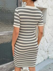 SHEIN Maternity Striped Short Sleeve Round Neck Dress, Fashionable For Summer - Khaki - View 2