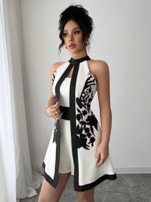 Elenzga Eleganter Neckholder-Romper mit Farbblockbesatz und Print für Damen, Sommer