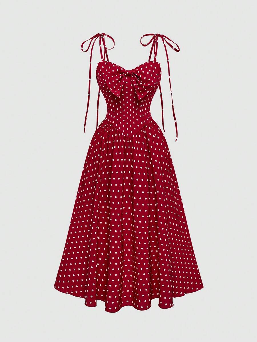 Sweetra 大码复古浪漫可爱蝴蝶结吊带长裙 - 紅色 - 查看 1