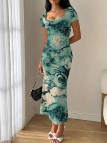 Modelyn 夏装方领美人鱼荷叶边修身连衣裙 - 彩色 - 查看 2